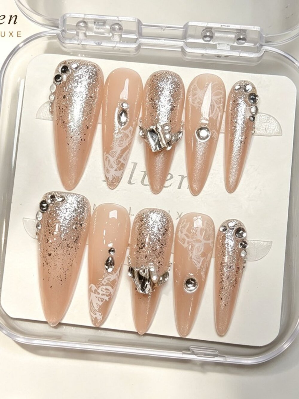 Blush Glitter Mirror Powder Stiletto Press-On Nails with Silver Rhinestone